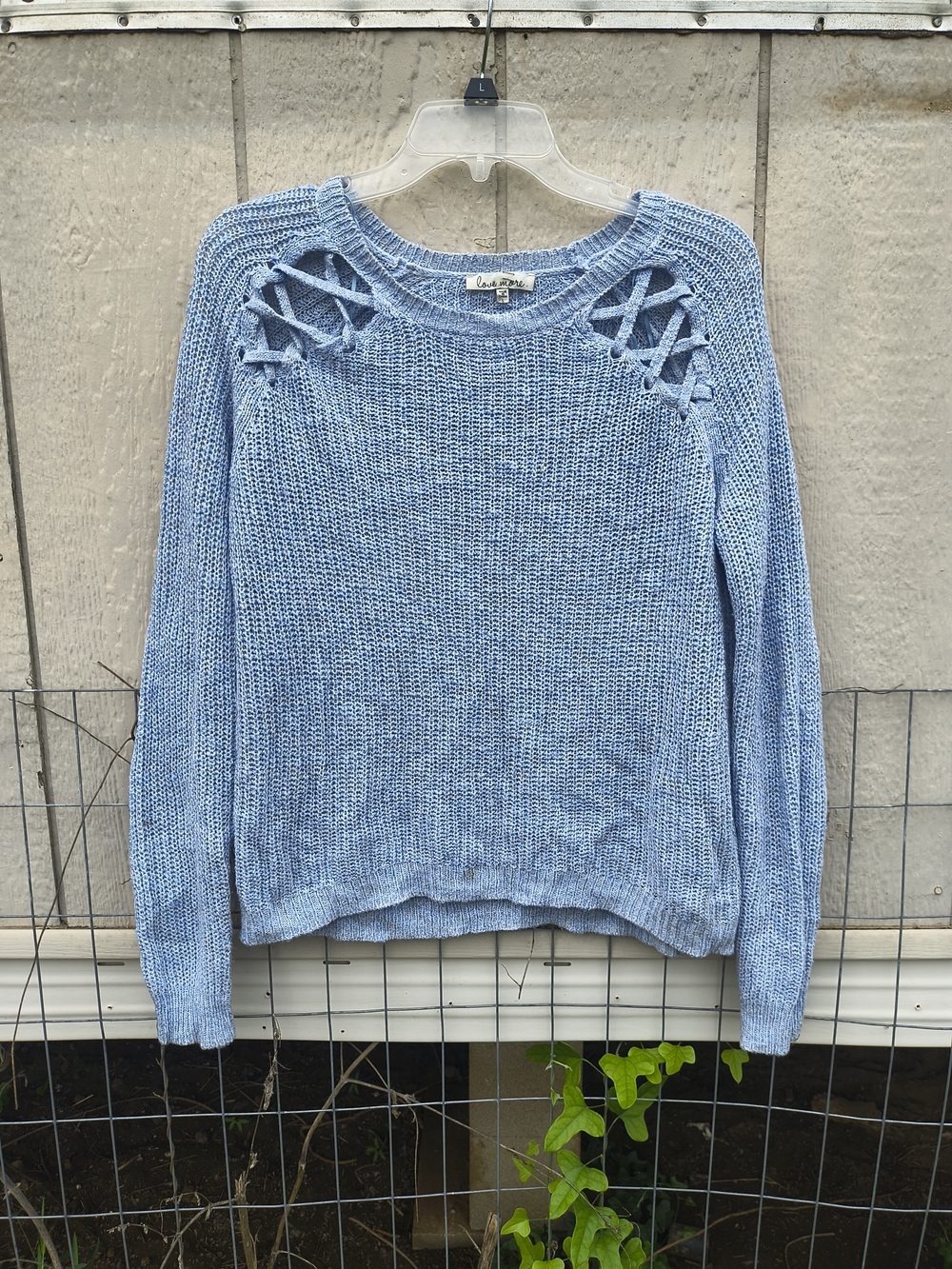 Light Blue Open-Knit Crewneck Sweater with Shoulder Lattice - Ladies